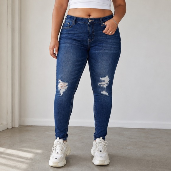 Angels Forever Young Denim - Y2K Curvy Skinny Distressed Stretch Jeans Dark Wash Size 12